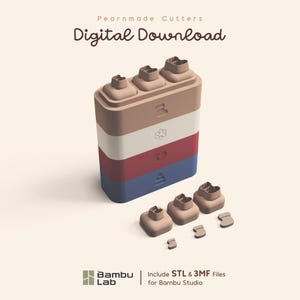 May include: A set of Pearnmade Cutters digital download files for Bambu Lab, including STL and 3MF formats. The image displays a stacked, multi-colored block structure with various embossed icons and several small, individual cookie cutter shapes.