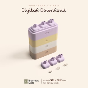 May include: A digital download for Pearnmade Cutters featuring a stacked multi-colored block with embossed icons and three separate purple cutters. The text reads Pearnmade Cutters, Digital Download, and Bambu Lab Include STL & 3MF Files for Bambu Studio.