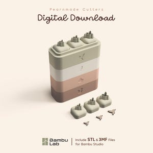 May include: A digital download product featuring a multi-layered rectangular block with three top-mounted handles and small hummingbird cutouts. The text reads Pearnmade Cutters, Digital Download, Bambu Lab, and Include STL & 3MF Files for Bambu Studio.