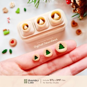 May include: A set of three beige plastic cookie cutters with circular tree-shaped inserts, accompanied by three small round beige cookies with green tree centres and the text Pearmade Cutters Digital Download and Bambu Lab Include STL & 3MF Files.