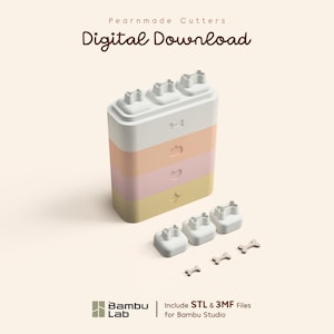Può includere: Un set di tagliapasta impilabili multicolore con il testo Pearnmade Cutters, Digital Download, Bambu Lab e Include STL & 3MF Files for Bambu Studio. Il set include un blocco bianco, pesca, rosa e giallo con forme di osso, cuore e stella.