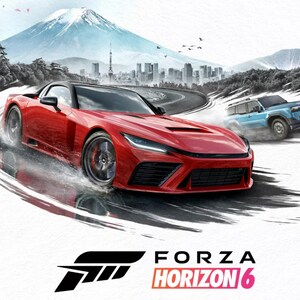 Könnte beinhalten: Eine Werbegrafik für Forza Horizon 6 Premium Edition mit einem roten Sportwagen auf nasser Straße, einem blauen SUV im Hintergrund sowie einem schneebedeckten Berg und einer Stadt. Der Text Forza Horizon 6 Premium Edition ist zu sehen.