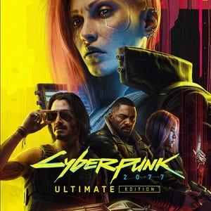 May include: A promotional poster for Cyberpunk 2077 Ultimate Edition featuring a central character with pink hair, three figures below, and a black sports car. The text Cyberpunk 2077 Ultimate Edition is displayed in yellow and white against a neon background.