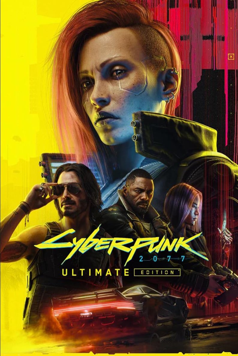 May include: A promotional poster for Cyberpunk 2077 Ultimate Edition featuring a central character with pink hair, three figures below, and a black sports car. The text Cyberpunk 2077 Ultimate Edition is displayed in yellow and white against a neon background.