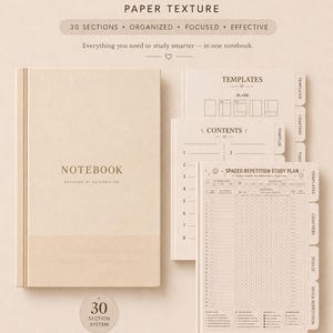 Cuaderno digital Cornell en PDF, textura de papel, 30 capítulos, hipervínculos, repetición de espacios, pegatinas.