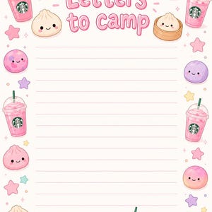 Peut inclure: Papier à lettres avec le texte Letters to camp en haut. La bordure est décorée d'illustrations de boissons glacées roses, de boulettes souriantes et d'étoiles colorées sur un fond clair avec des lignes horizontales pour écrire.