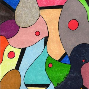 Puede incluir: Un dibujo abstracto que presenta varias formas orgánicas delineadas con gruesas líneas negras. La composición incluye áreas rellenas de azul, rosa, verde, naranja, marrón y gris, acentuadas por pequeños círculos rojos. El texto Grace 2/3/23 es visible.