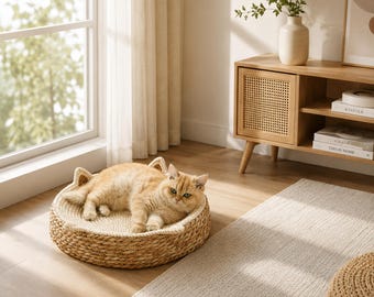Boho gewebtes Katzenkratzbett, runde Liege - moderne Haustiermöbel