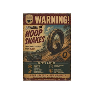 Panneau d'avertissement de serpent à anneaux | Affiche australienne drôle de Bush | Décoration murale vintage dans l'Outback