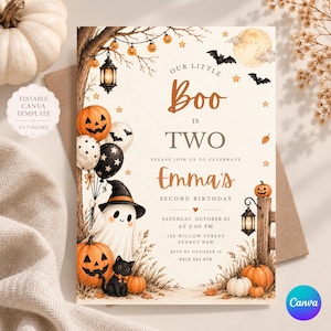 May include: A Halloween-themed birthday invitation card featuring a ghost wearing a witch hat, a black cat, pumpkins, and balloons. The text reads: Our little Boo is two, Emma's second birthday, Saturday, October 25 at 2:00 PM, 123 Willow Street, Sydney NSW, RSVP by October 18, 0412 345 678.