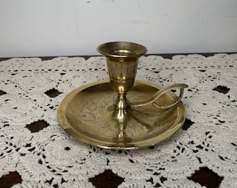 Vintage etched brass chamberstick candle holder