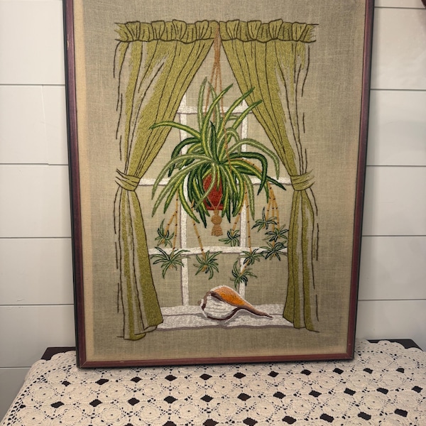 Vintage MCM window and plant scene crewel (25.5x19.5 inches)