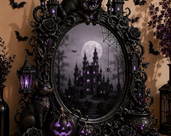 Black Cat Halloween Mirror, Gothic Castle Vanity Mirror, Purple Pumpkin Decor, Witchy Cat Mirror, Spooky Halloween Gift