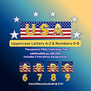 Può includere: Un set grafico digitale con lettere maiuscole e numeri in metallo dorato su un motivo a bandiera statunitense. Il testo include USA, Uppercase Letters A-Z & Numbers 0-9, Transparent PNGs, 4000x4000 px, 300 DPI e PointOfNemoStudio99 @ ETSY.