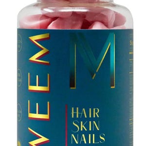 May include: A clear plastic bottle with a white screw-top lid containing pink gummy supplements. The teal label features the vertical text WEEM in yellow and gold, with the text HAIR SKIN NAILS DIETARY SUPPLEMENT 60 GUMMIES in gold lettering.