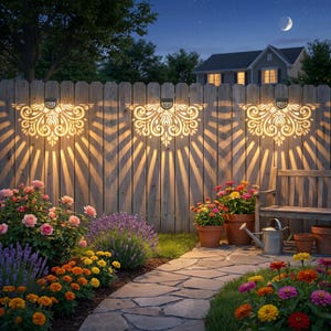Op de afbeelding: Drie halfronde solarlampen voor aan de muur, gemonteerd op een houten schutting, die elk een helder, ingewikkeld en symmetrisch bloemvormig lichtpatroon naar beneden werpen. De lampen hangen boven een tuin met roze rozen en oranje bloemen.