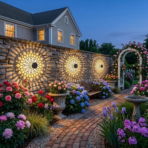 May include: Three circular solar-powered wall lights mounted on a stone wall, each casting a bright, intricate, starburst-shaped light pattern onto the masonry, surrounded by a garden with pink roses, blue hydrangeas, and a brick pathway.