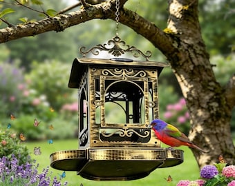 Lanterna solare per mangiatoia per uccelli, decorazione da giardino in ferro battuto da appendere.