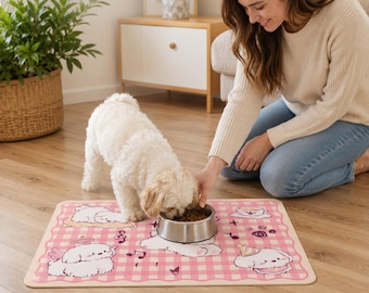 Pink Puppy Gingham Dog Feeding Mat, Cartoon Pet Bowl Placemat