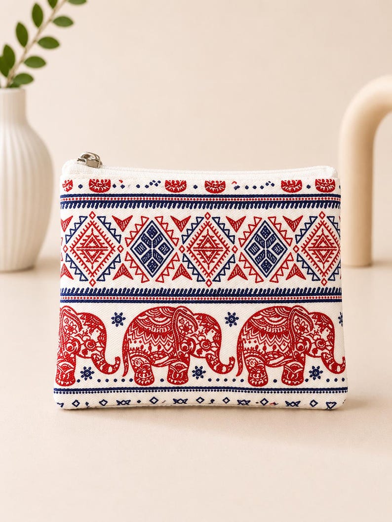 Thai elephant woven canvas coin pouch with zipper
