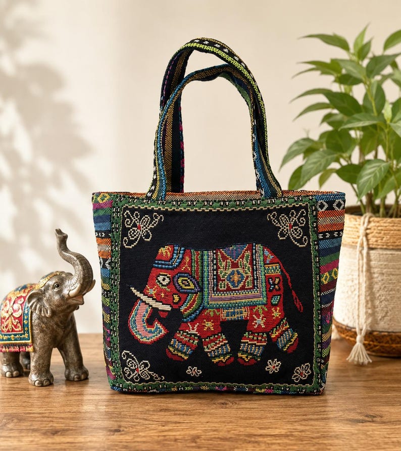 Colorful elephant woven tote bag, handmade tapestry handbag