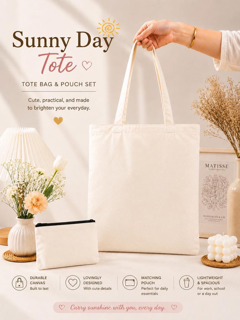 Canvas tote bag and zipper pouch set in natural cream