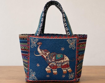 Blue Elephant Woven Tote Bag Handmade Tapestry Purse | Thai Elephant Handbag | Gift for Women
