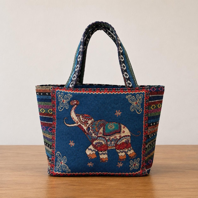 Blue elephant woven tote bag, handmade tapestry purse