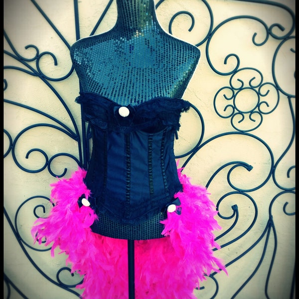 black and hot pink feather burlesque corset dress