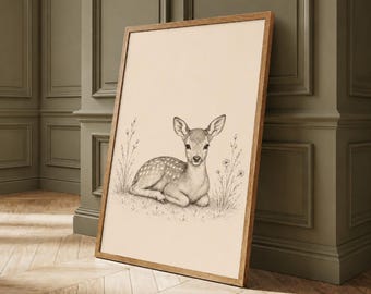 Vintage Fawn Nursery Print, Resting Baby Deer Woodland Art (Digital Download)