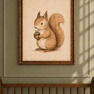 May include: A framed wall art print featuring a detailed illustration of a brown squirrel holding a small acorn. The squirrel is depicted in profile with a fluffy tail and light-coloured belly, set against a cream-coloured background within a gold frame.