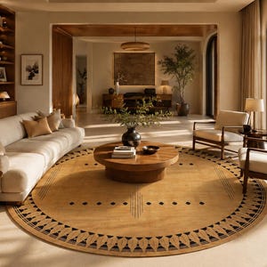 May include: A large circular area rug featuring a tan base color with a repeating black geometric border pattern of stylized leaf shapes and central linear motifs, positioned in a living room setting with a wooden coffee table placed on top.
