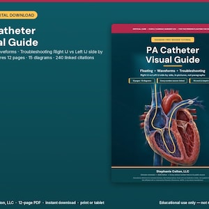 May include: A digital download titled PA Catheter Visual Guide featuring a medical illustration of a human heart with a catheter inserted. The document includes 12 pages, 15 diagrams, and 240 linked citations for clinical reference and education.