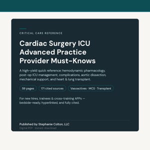 Op de afbeelding: Een donkerblauwe digitale referentiegids getiteld Cardiac Surgery ICU Advanced Practice Provider Must-Knows. Het behandelt hemodynamische farmacologie, postoperatief beheer, complicaties, aortadissectie, mechanische ondersteuning en hart- en longtransplantaties.