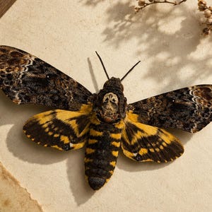 Pode incluir: Um espécime de mariposa esfinge-da-caveira com asas anteriores de padrões castanho-escuros e pretos, asas posteriores com faixas amarelas vibrantes e pretas, e uma marca distinta em forma de crânio no tórax, com duas antenas finas.
