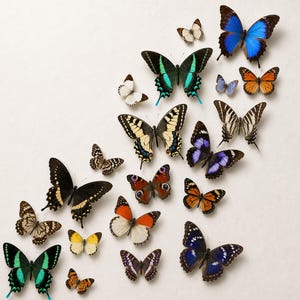 May include: A collection of various butterfly specimens arranged in a diagonal pattern. The butterflies feature diverse wing patterns and colours, including vibrant blue, orange, black, yellow, white, and green, with intricate markings and spots.