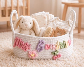 Personalisierter handgefertigter gewebter Korb, benutzerdefinierter 3D-Name, Kinderzimmerdekor-Aufbewahrungskorb, Babypartygeschenk