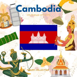 Puede incluir: Una página de actividades para colorear sobre Camboya con la bandera nacional, una tartera de metal, un sombrero cónico, una bailarina con traje dorado, un alimento envuelto, una estatua de arquero verde, un templo y una flor amarilla.
