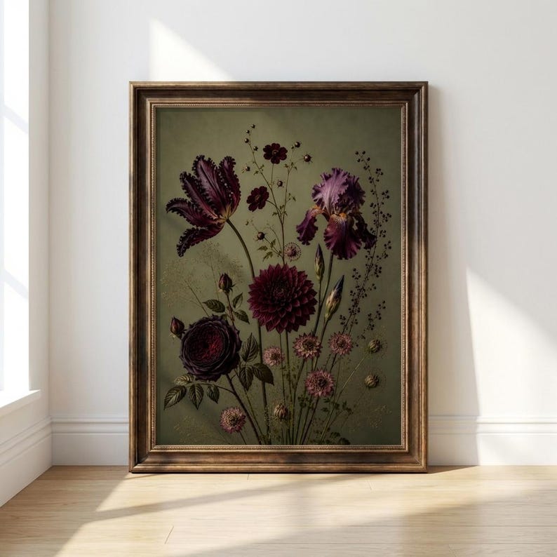 Moody Botanical Print, Vintage Dark Academia Floral Art (Digital Download) image 4