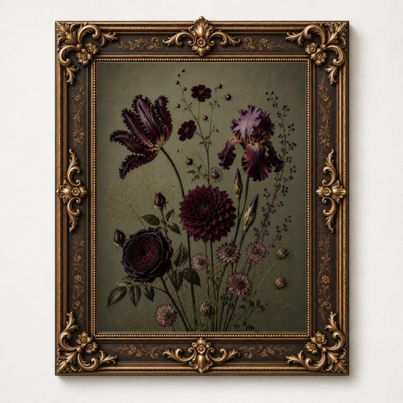 Moody Botanical Print, Vintage Dark Academia Floral Art (Digital Download)