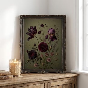 Moody Botanical Print, Vintage Dark Academia Floral Art (Digital Download) image 1