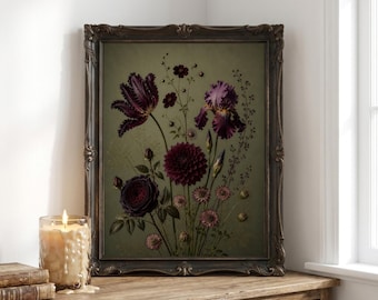 Stampa botanica suggestiva, arte floreale vintage dark academia (download digitale)