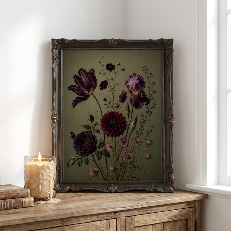 Moody Botanical Print, Vintage Dark Academia Floral Art (Digital Download) image 1