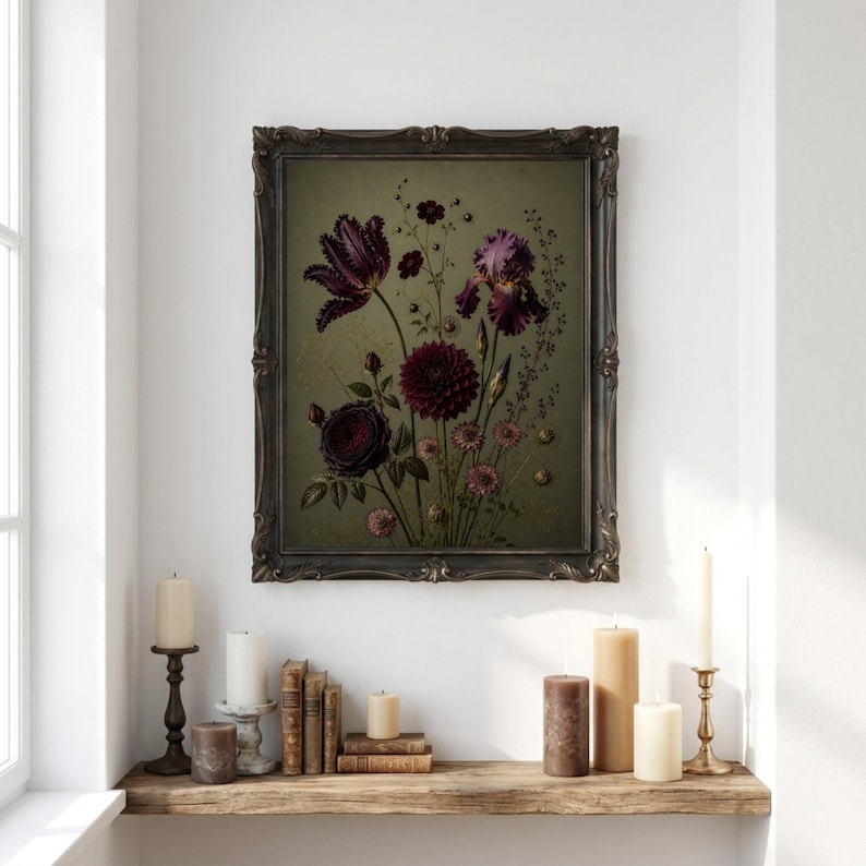 Moody Botanical Print, Vintage Dark Academia Floral Art (Digital Download) image 2
