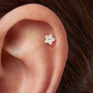 May include: Two gold-toned flower-shaped stud earrings, each featuring five small clear stones arranged in a petal pattern. One earring is positioned on the tragus and the other is placed on the upper cartilage of the ear lobe.