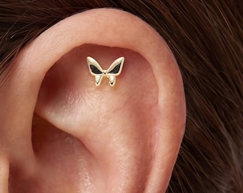 14K Solid Gold Tiny Butterfly Push Pin Flat Back Labret Cartilage Stud