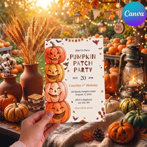 May include: A rectangular party invitation card featuring a stack of four illustrated jack-o'-lanterns and text that reads Join Us For a PUMPKIN PATCH PARTY OCT 20 2PM Camilla's 4th Birthday 123 Spooky Pumpkin Patch NEWYORK, IL 12345 RSVP to Stephanie 123-456-789.