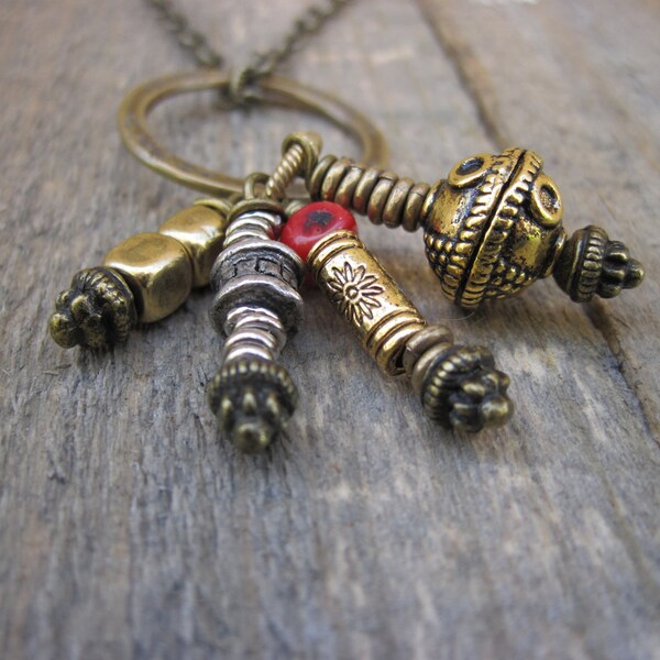 Tribal Necklace- Mixed Metal beads with coral accent