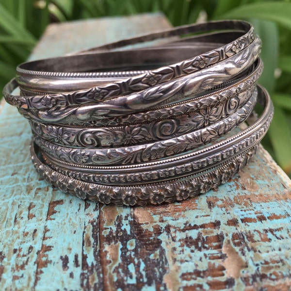 Floral silver bangles / gypsy bracelets