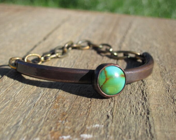Copper & Turquoise Bracelet Chunky Copper Riveted With Brass Etsy